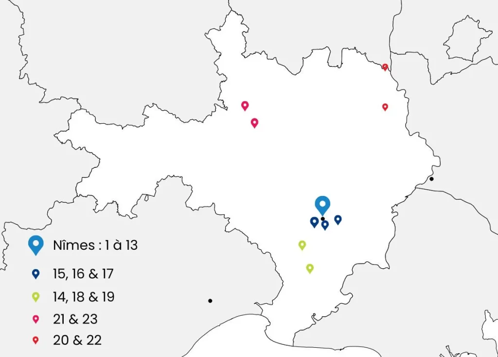 carte détaillant les lieux où se situent les clubs sportifs gardois